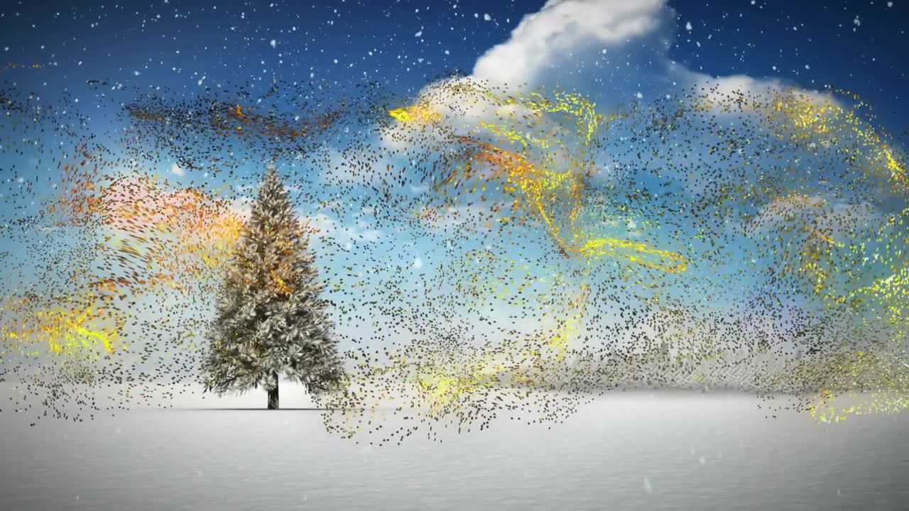 Particle ribbon surging from left, swirling around lone conifer, showing wind flow and fading