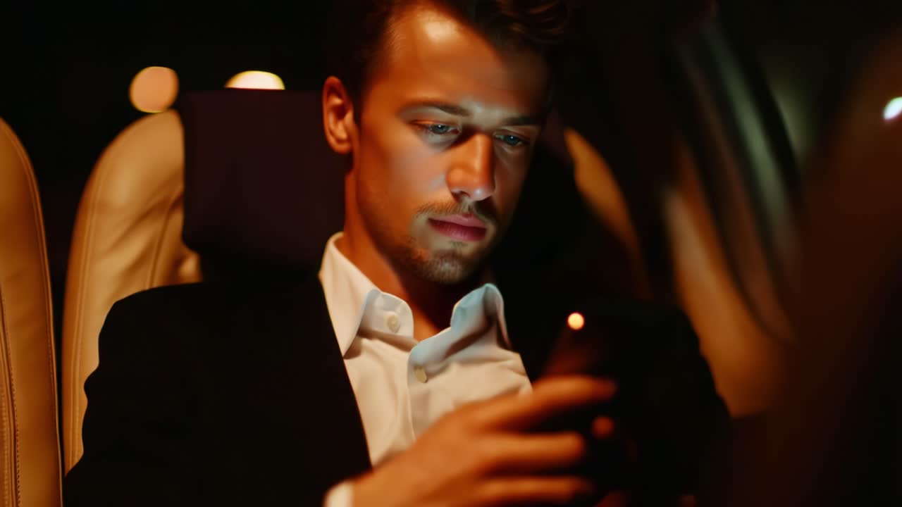 A focused young man in formal attire engaged in using his smartphone, illuminated by soft ambient light while seated in a luxurious cabin, showcasing the intersection of technology and elegance