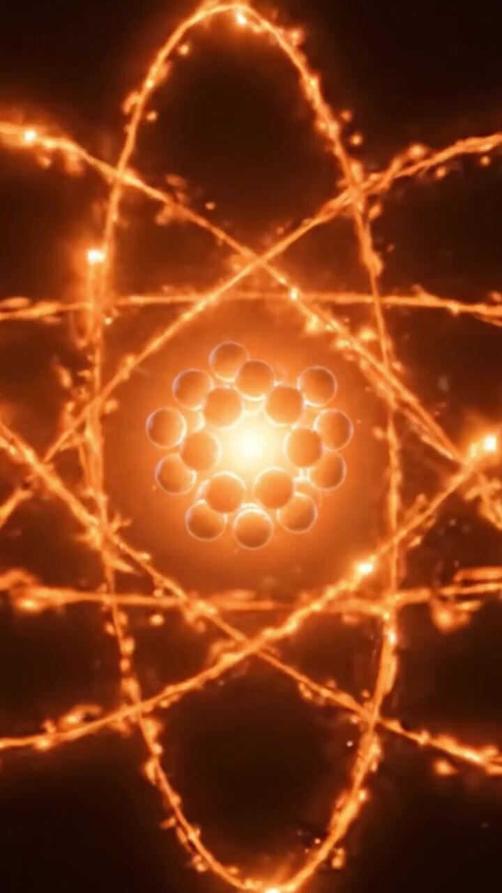 Uma jornada fascinante pelos reinos quânticos: descobrindo átomos e energia em um vibrante universo laranja de partículas e interações de luz