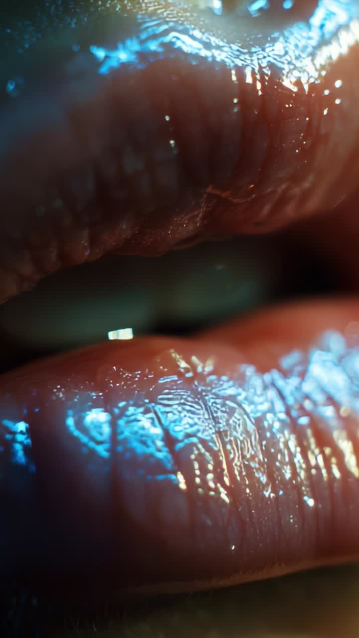 Close-up of Glossy Lips with Reflections and Textures Highlighting Hydration and Shine in Vibrant Colors and Natural Light for a Sensual Close Perspective