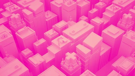 big pink city with skyscrapers. camera moves through abstract isometric city