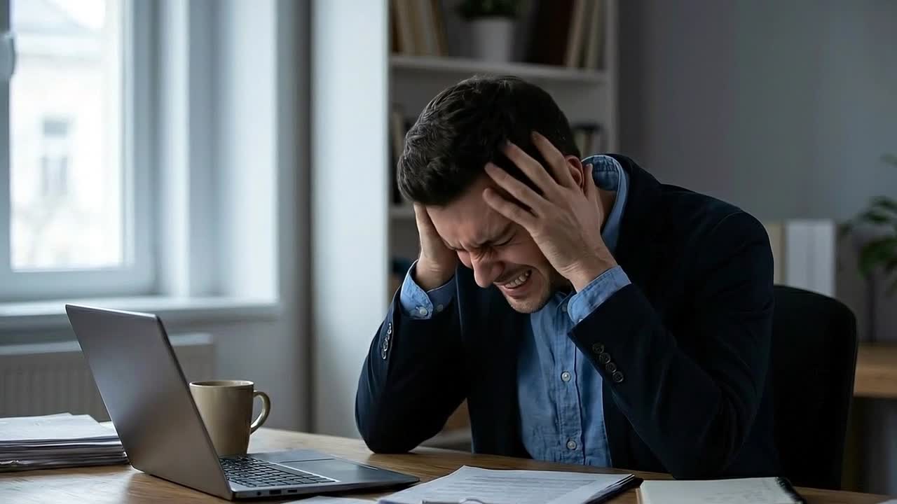Empresario estresado sentado en el escritorio frotándose las sienes mientras trabaja en un portátil con documentos y una taza de café cerca