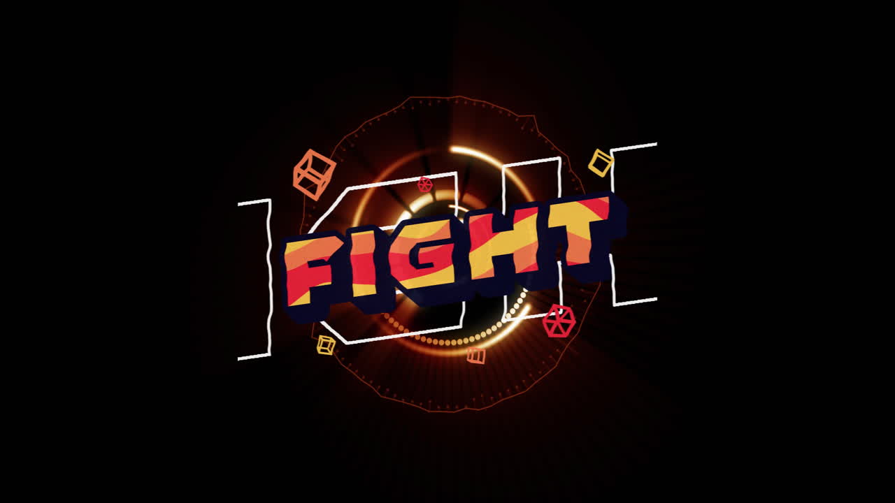 animación del texto de la lucha en letras naranjas y rojas sobre el alcance giratorio sobre fondo negro