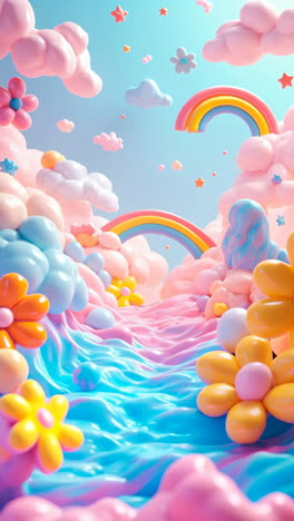 whimsical pastel candy land with rainbows and clouds