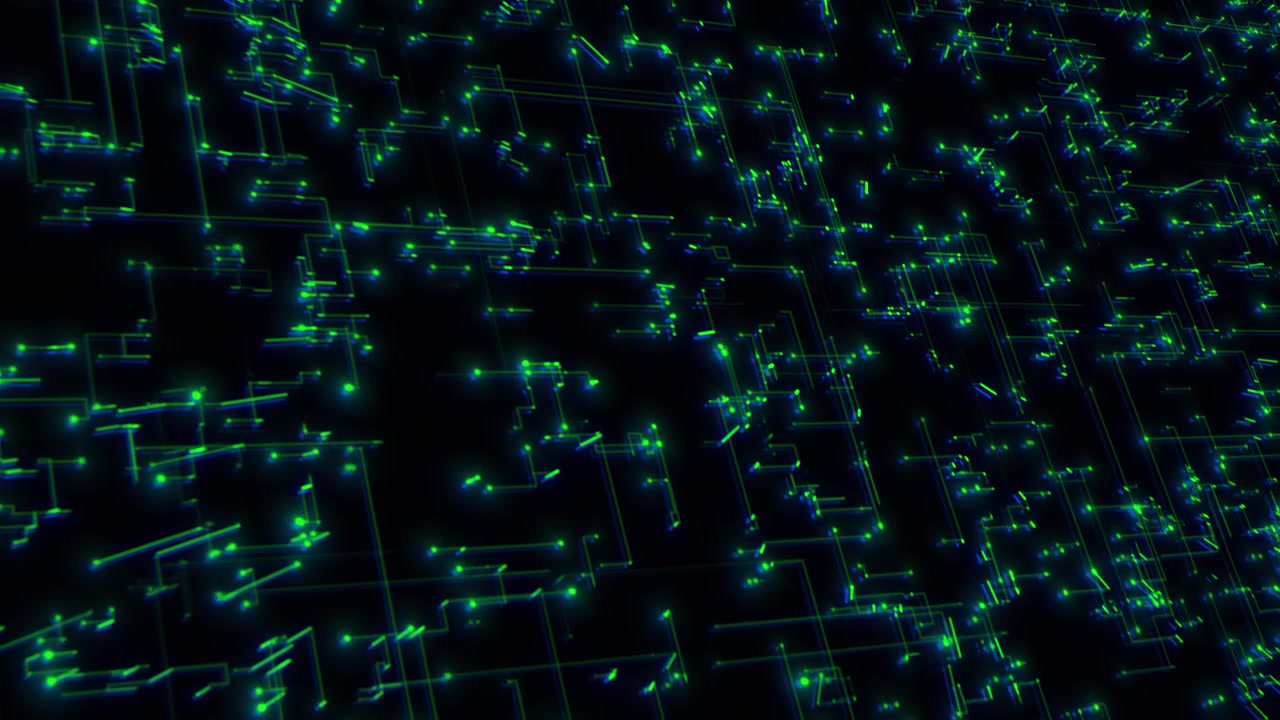 Neon elektronisk kredsløbsnetværk visuel med grønne glødende noder, blå stier og mørkt printkort