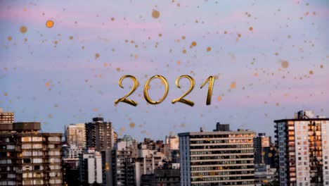 animation of 2021 and yellow spots over cityscape in background