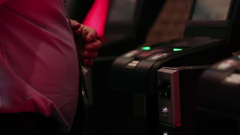 man using electronic betting machine in slow motion