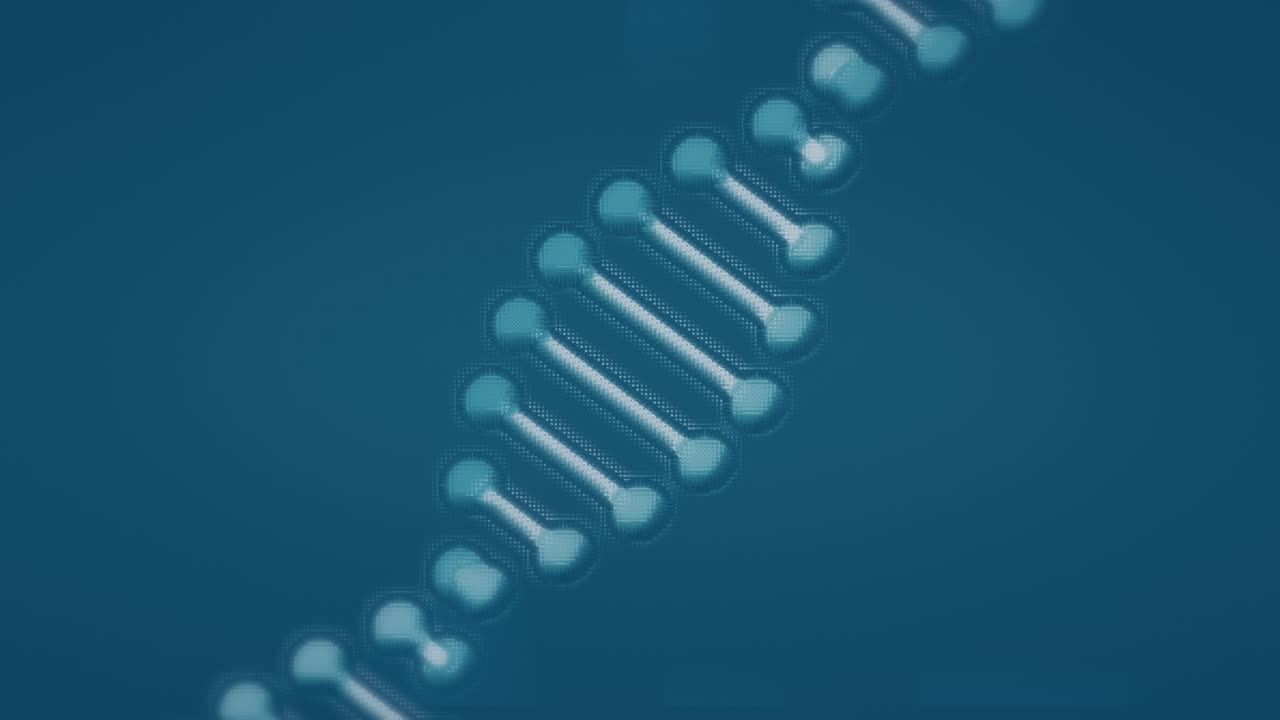 animación de la cadena de adn, gráfico y barra de carga verde sobre fondo azul