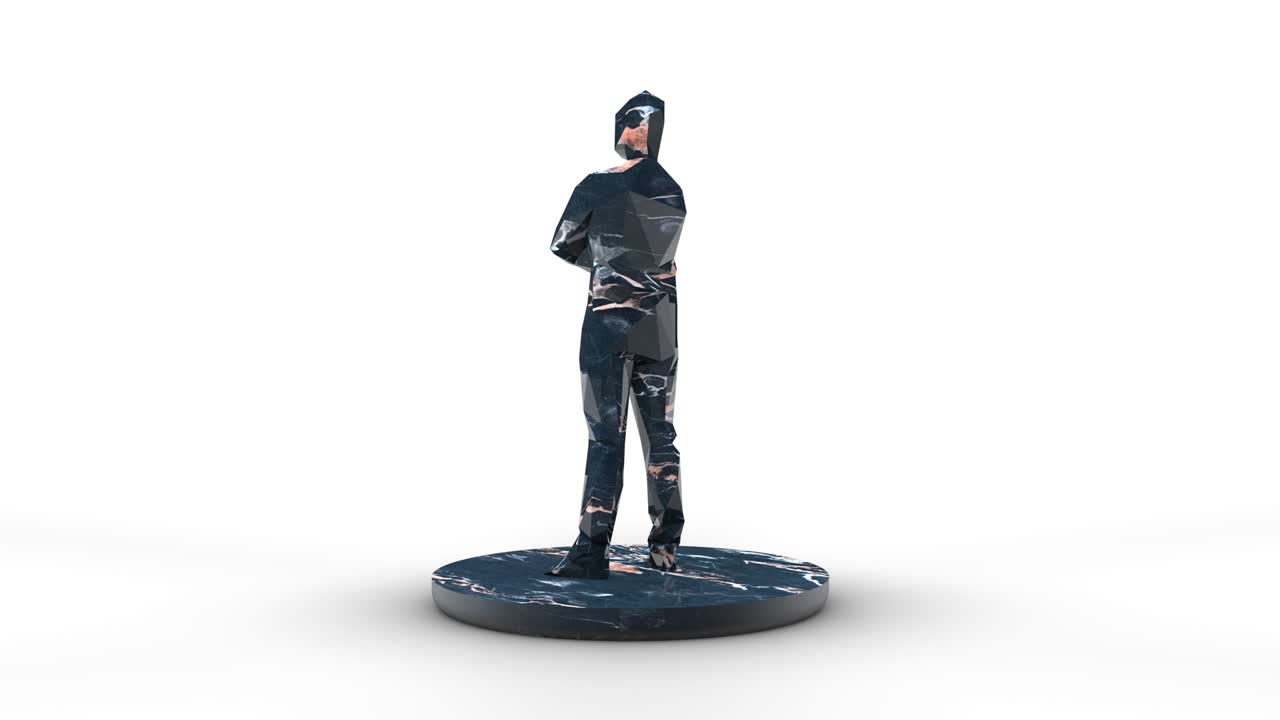 Sculpture of man with crossed arms in dark marble on pedestal rotating in white background. Loopeable 4K. 3D render. Includes alpha channel mask.