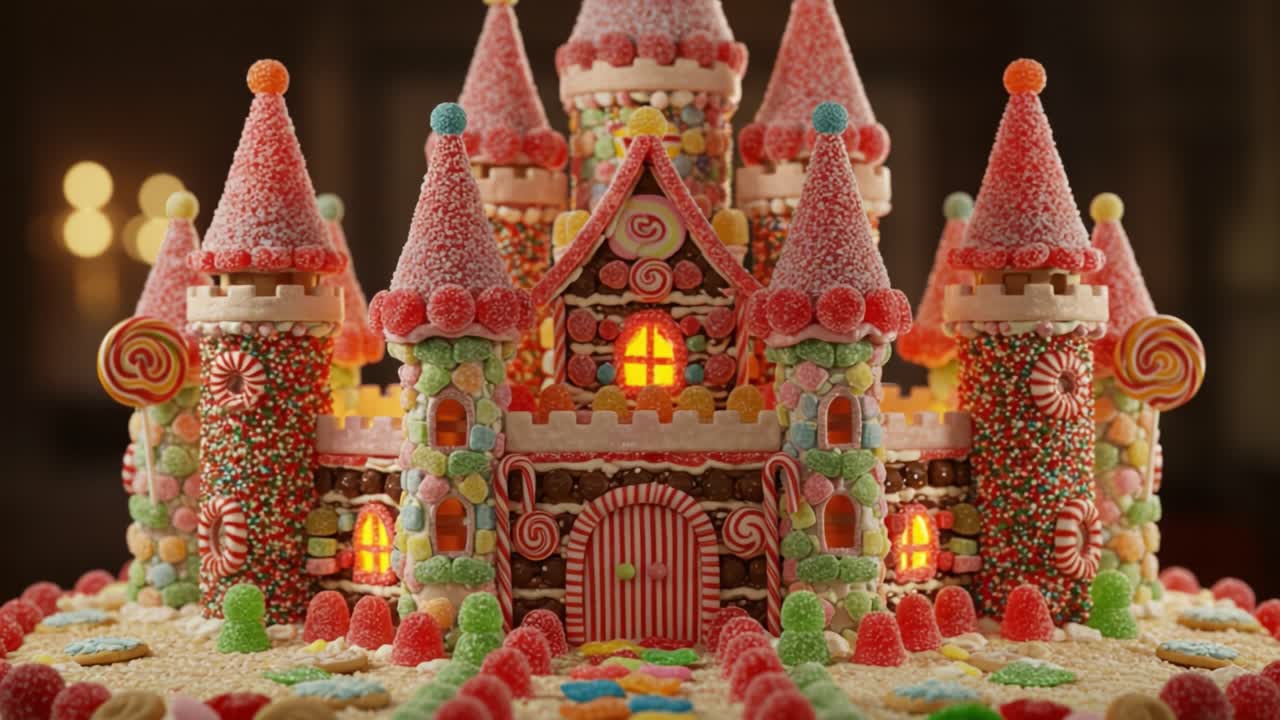 A Stunning Candy Castle Made from Delicious Sweets and Treats, Exuding Whimsical Charm with Colorful Decorations and Glowing Windows in a Dreamy Setting