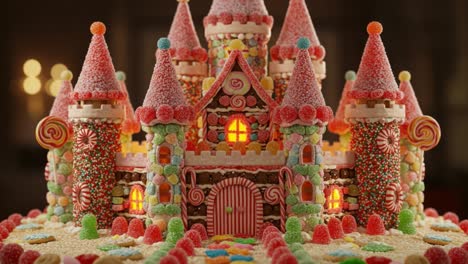 a stunning candy castle made from delicious sweets and treats, exuding whimsical charm with colorful decorations and glowing windows in a dreamy setting