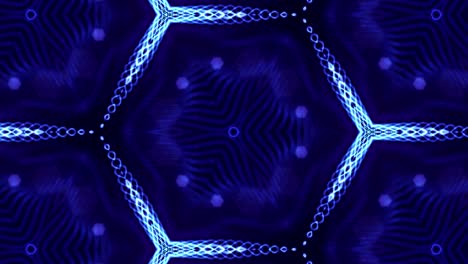tema abstracto caleidoscópico. fondo 3d de ciencia ficción en bucle de 4k con partículas azules brillantes forman líneas, superficies, patrones estructuras simétricas complejas