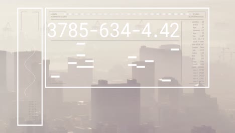 animación de la interfaz con el procesamiento de datos frente a una vista aérea del paisaje urbano
