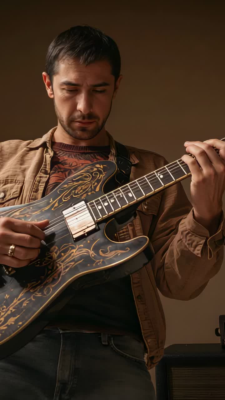 Vertical video: Looking down man shifting fingers practicing chords at home ornate guitar brown tee