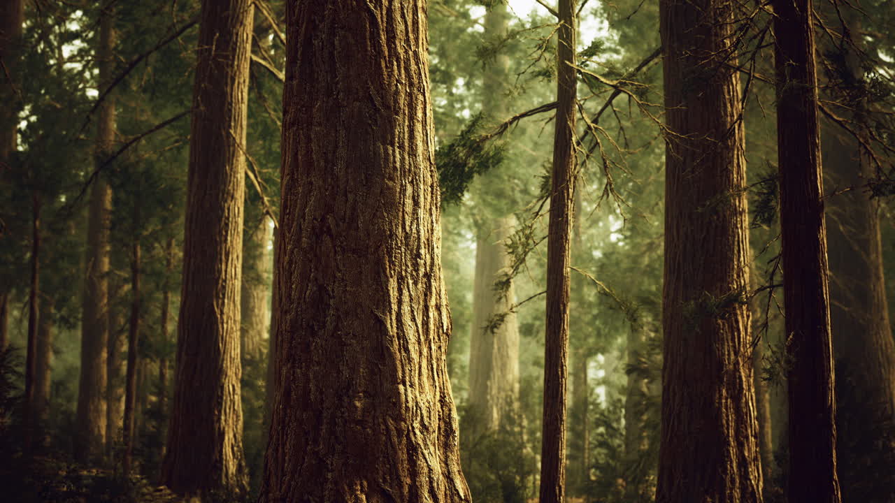 Majestic forest with towering trees illuminated by sunlight in morning