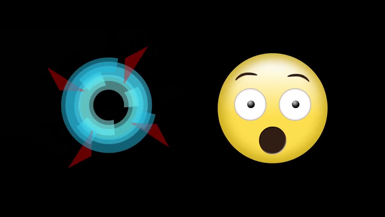 Digital animation of abstract circular shape spinning and surprised face emoji on black background