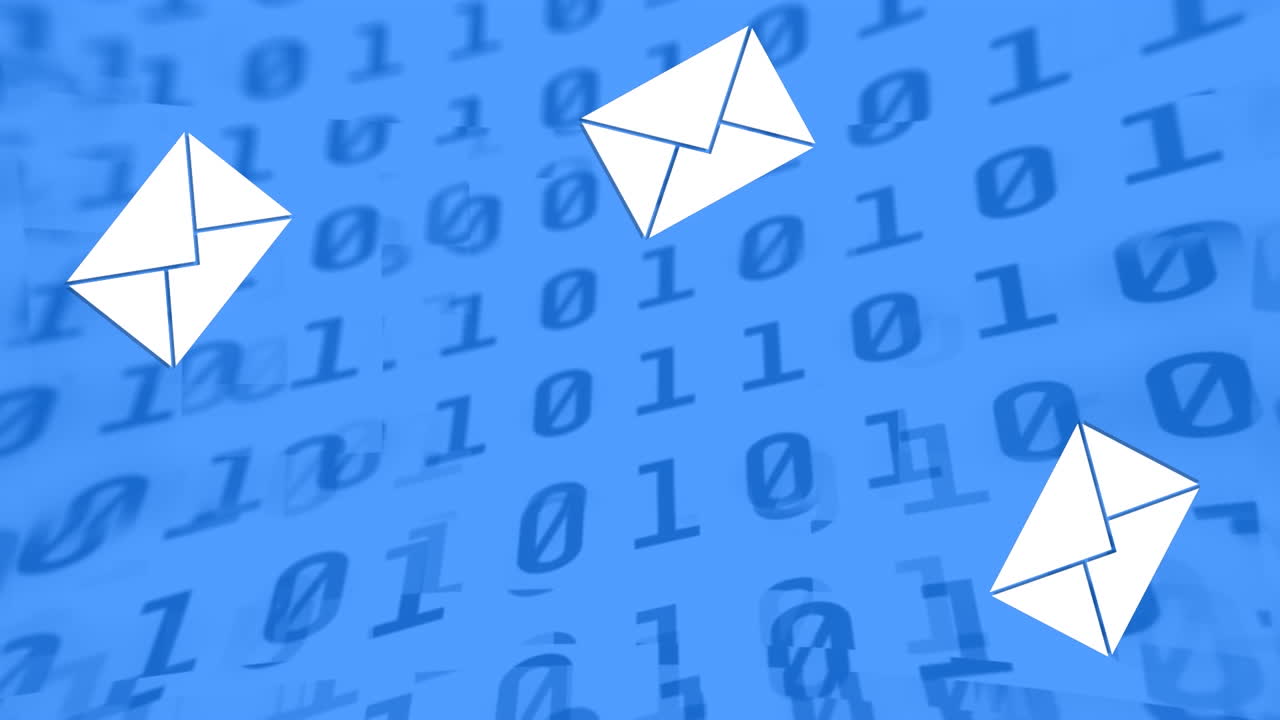 animación de sobres sobre codificación binaria en fondo azul