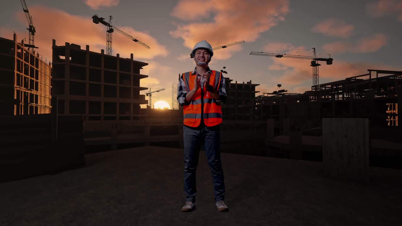 Full Body Of Asian Male Engineer With Safety Helmet Smiling And Clapping His Hands While Standing At Building & Construction Site in Progress to New House
