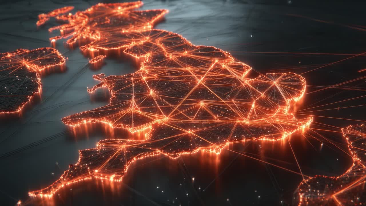 A Radiant Visualization of Connectivity Across the United Kingdom: A Stunning Display of Digital Networks Illuminating the Map with Dynamic Lines and Points of Interest