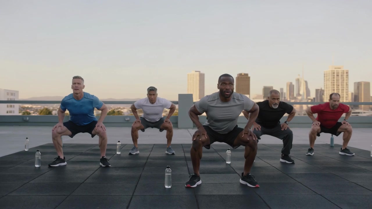 Stepping coach leading men doing squats on rooftop in athletic wear, bottles nearby for fitness