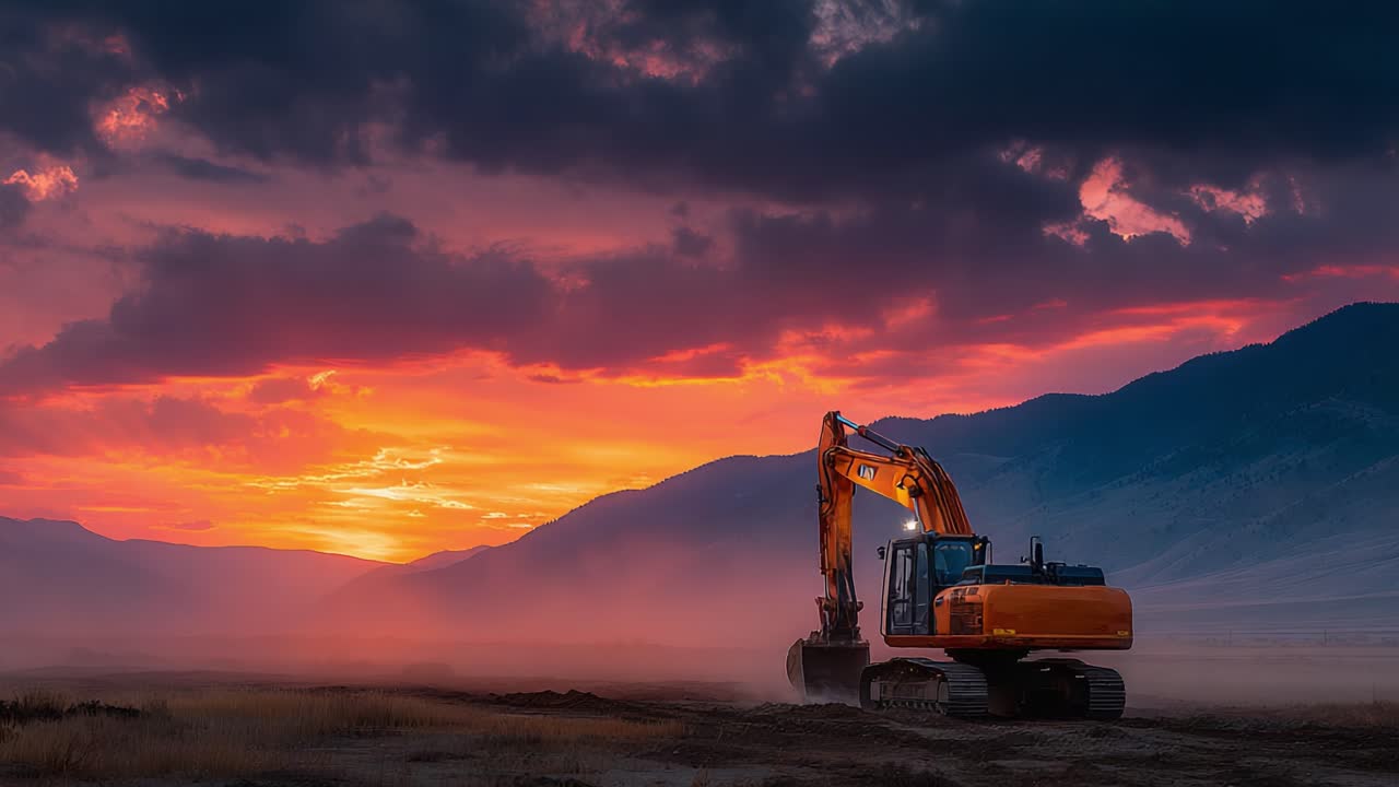An Excavator Operates at Dusk, Amidst Vibrant Sunset Colors, Showcasing Heavy Machinery at Work in an Atmospheric Landscape