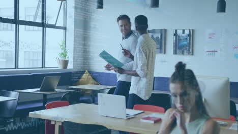 animation of financial data processing over diverse business people in office