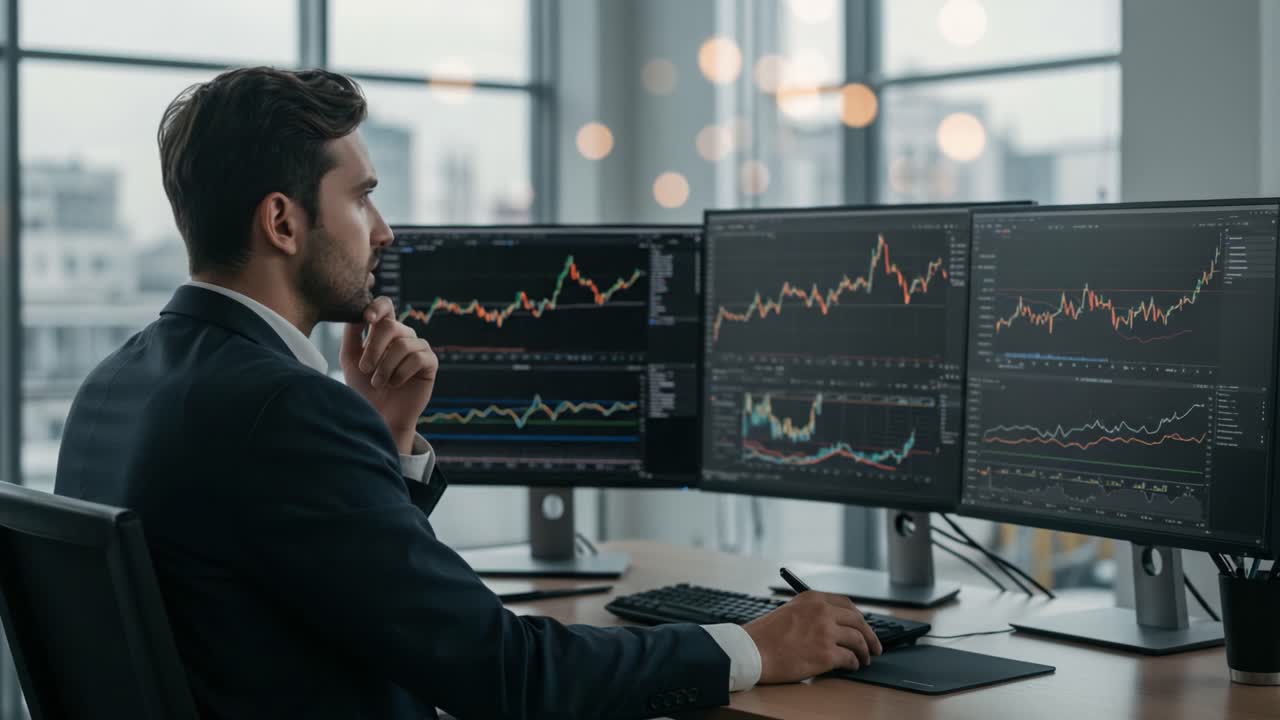Focused Professional Analyzing Stock Market Trends on Multiple Monitors - Insightful Financial Strategy and Data Interpretation for Investment Decisions