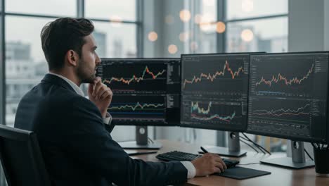 focused professional analyzing stock market trends on multiple monitors - insightful financial strategy and data interpretation for investment decisions