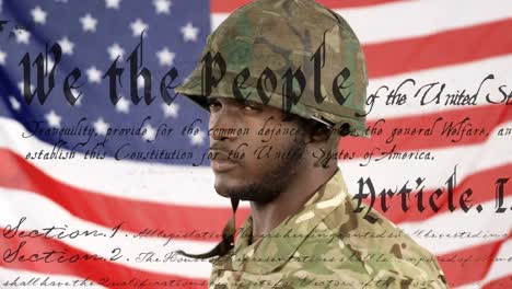 animation of american flag and text over african american male soldier