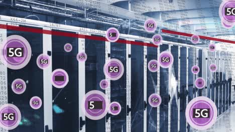 animación de círculos con texto de 5g y caracteres especiales sobre bastidores de servidores de datos