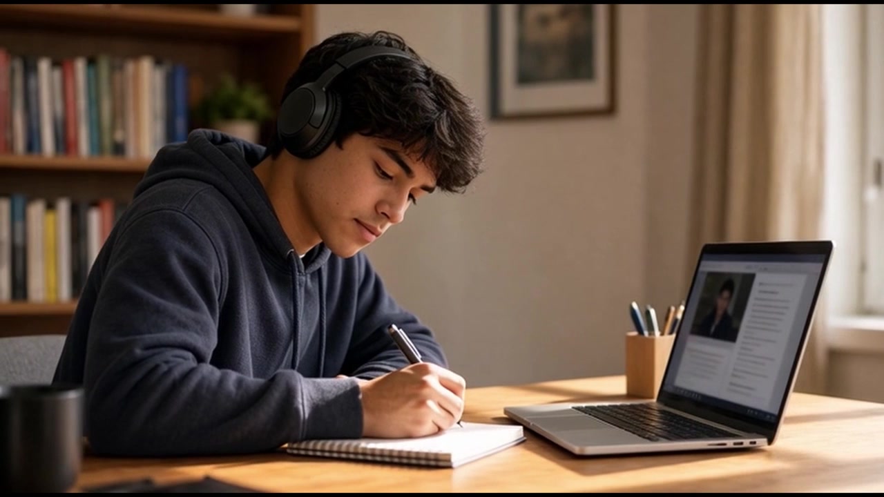 Young Man Studying Online with Laptop and Headphones