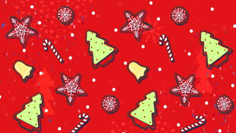 animación de estrellas cadentes y árbol de navidad sobre fondo rojo