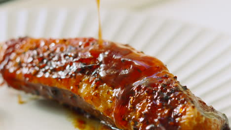 plum hoisin sauce being poured on delicious duck fillet in slow motion. natural sunlight freshly roasted cooked high protein dinner plate.