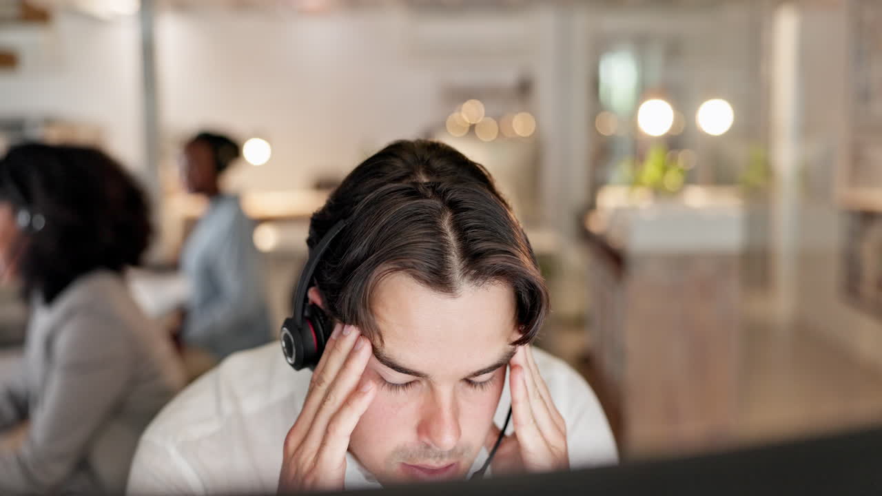 Headache, stress and man at problem at customer