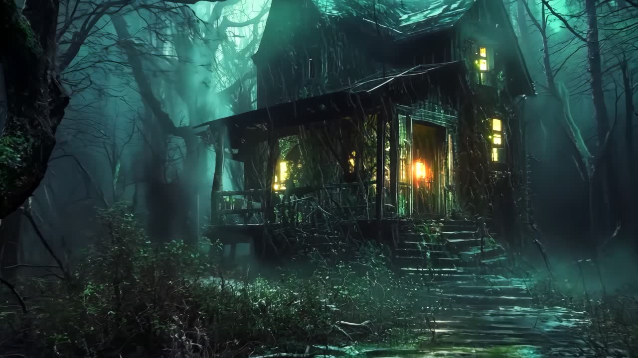una casa oscura en el medio de un bosque oscuro por la noche