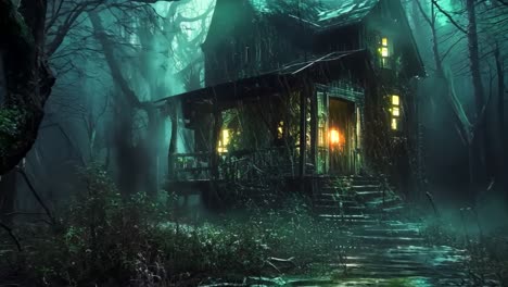 a dark house in the middle of a dark forest at night