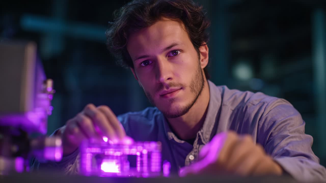 A focused scientist meticulously adjusting a glowing device in a high-tech laboratory, showcasing the intricate workings of scientific exploration and innovation in a captivating, luminous environment