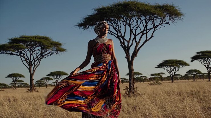 A woman in vibrant attire stands in a savannah, captured from a low angle