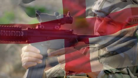 animation of flag of england over caucasian male soldier with weapon