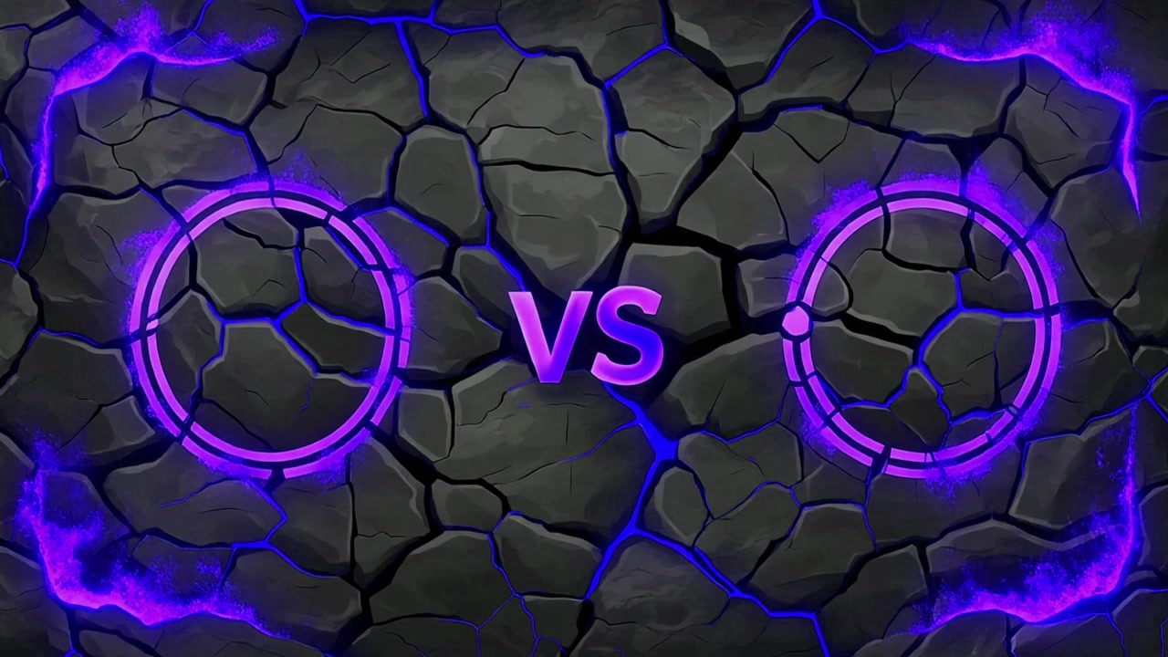 Versus Screen With Glowing Purple Circles on Cracked Stone Background