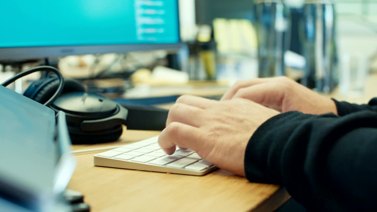 컴퓨터 키보드 에서 타이핑 하는 사람 의 손