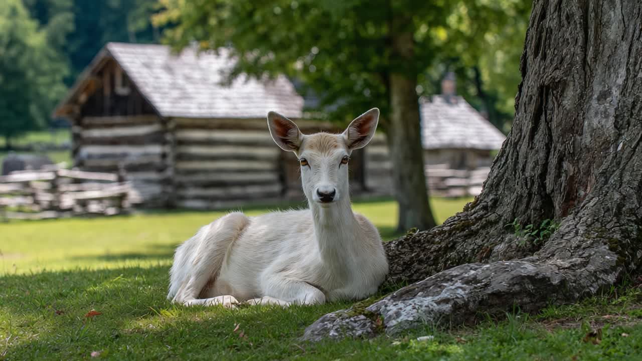 Gentle White Deer Resting in Serene Natural Setting with Rustic Cabin in Background, Peaceful and Tranquil Scene in Nature's Embrace