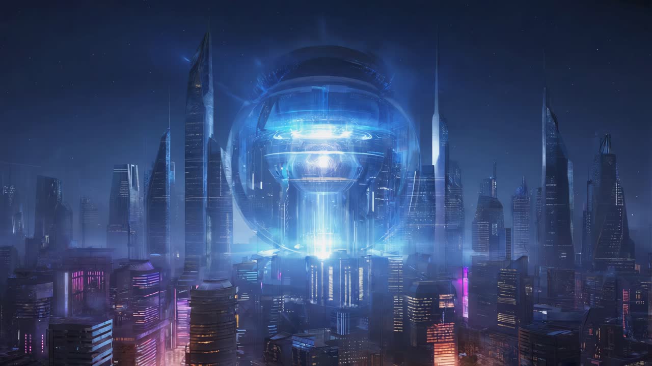 Futuristic City with Giant Glowing Sphere