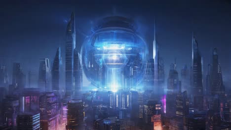 futuristic city with giant glowing sphere