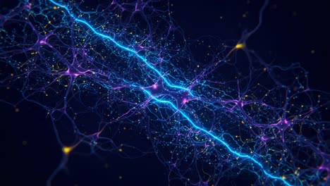 A Close-Up Visualization of Neural Connections Highlighting the Dynamic Electrochemical Activity within the Brain's Neural Network Structures
