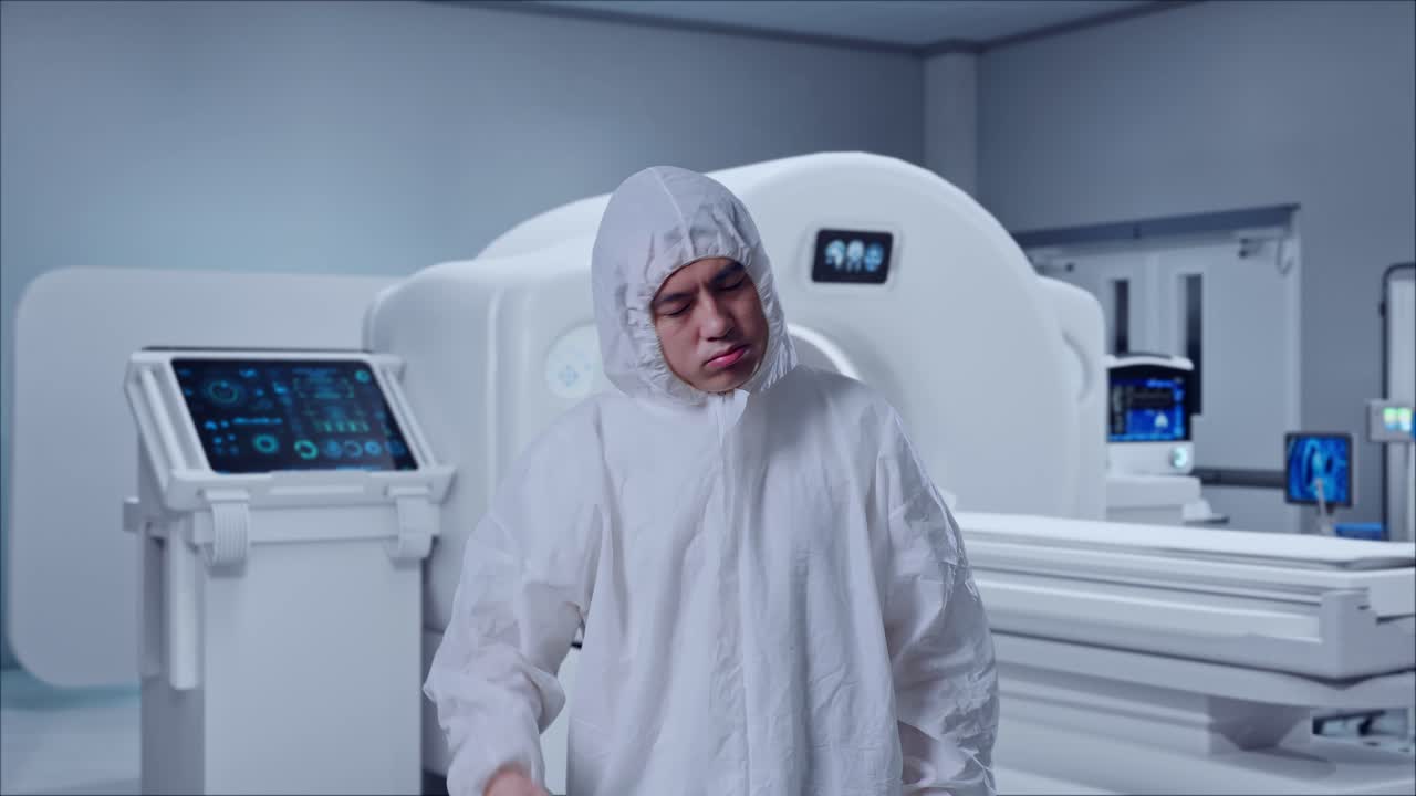 Asian Male Scientist Having A Headache While Standing With MRI Machine In The Hospital
