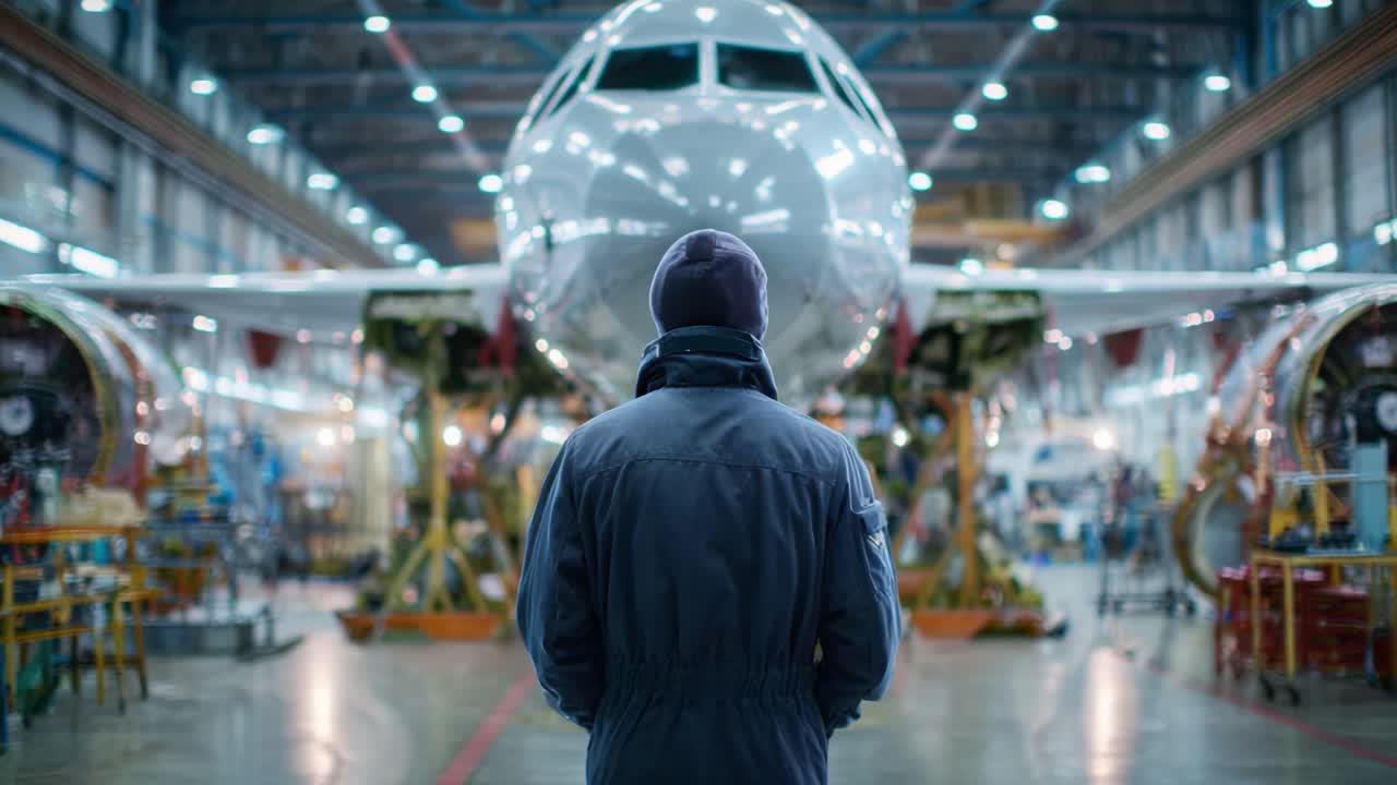 Aviation Technician Observing Aircraft Maintenance Progress in a High-Tech Hangar Environment with Advanced Engineering Equipment and Neatly Organized Workstations