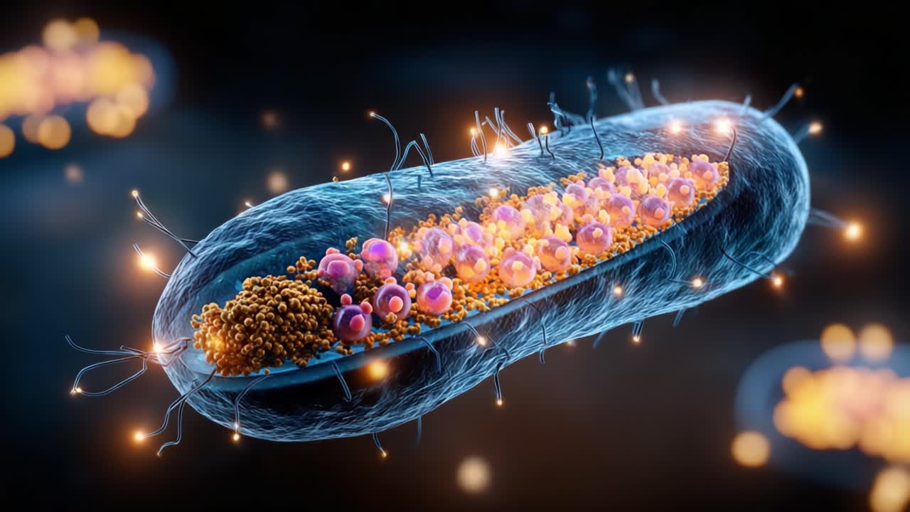 Un primo piano intricato di una cellula batterica che illustra strutture cellulari, organelli e interazioni in una visione microscopica altamente dettagliata.