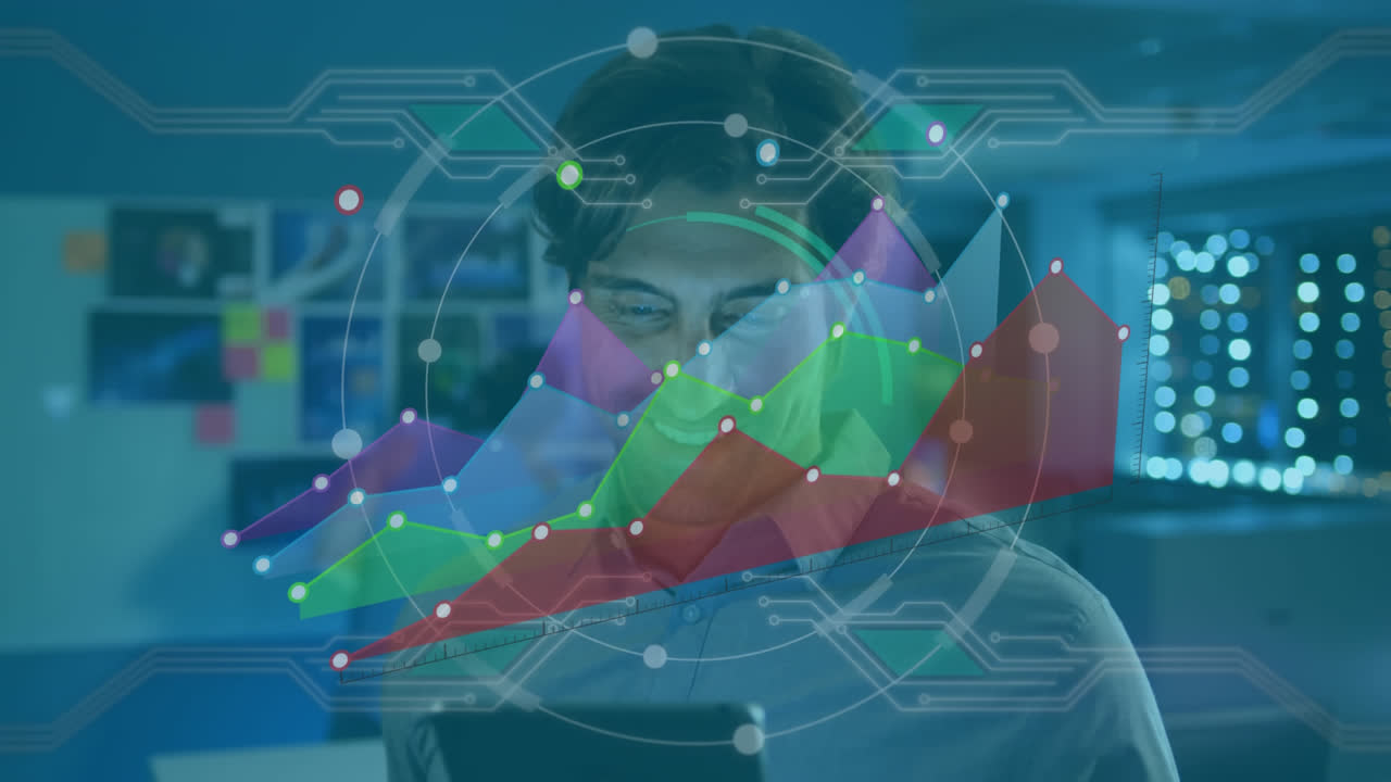 animación de un empresario que utiliza una tableta digital en una oficina con registro de estadísticas.