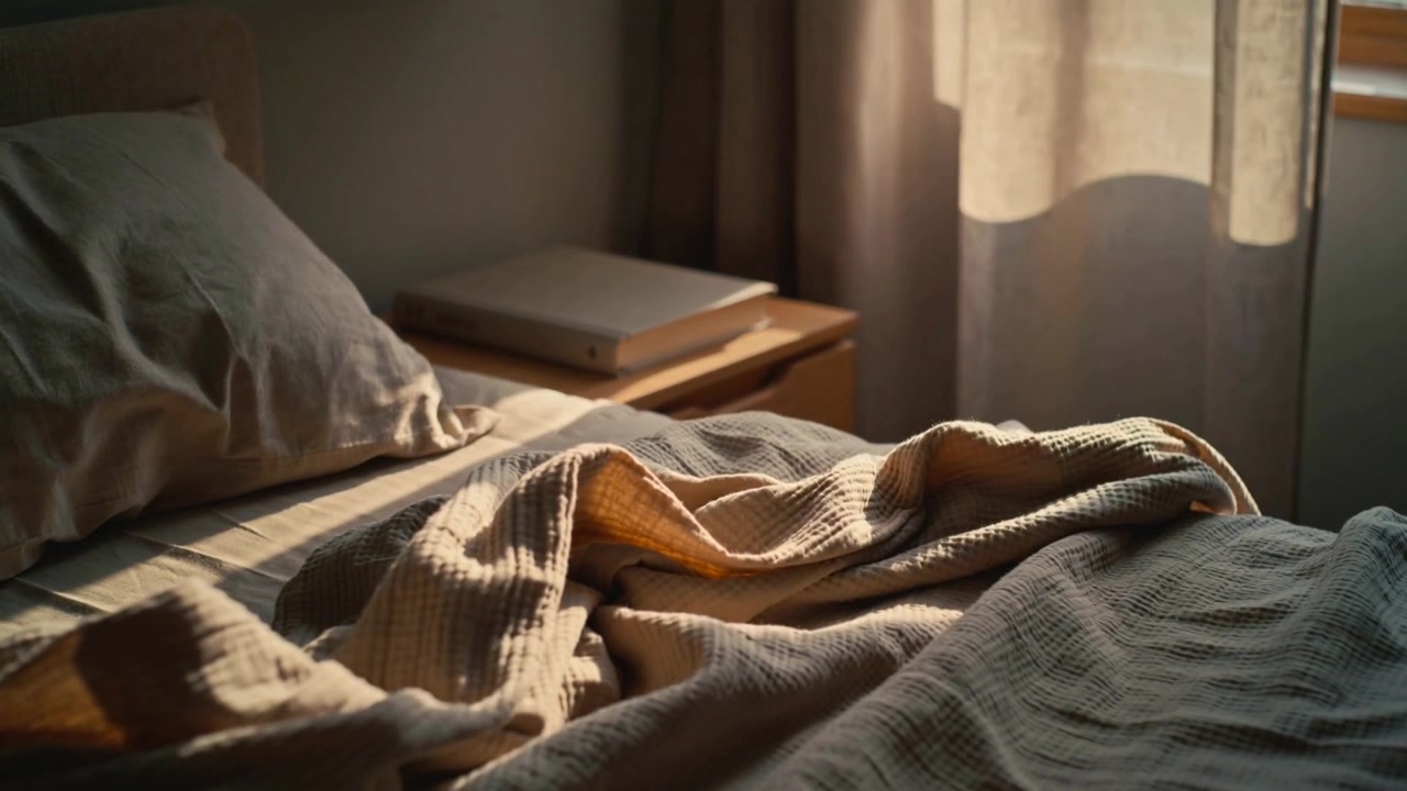 La luce del sole che filtra attraverso una tenda proietta ombre su una coperta stropicciata in camera da letto, rivelando un cuscino e un laptop.